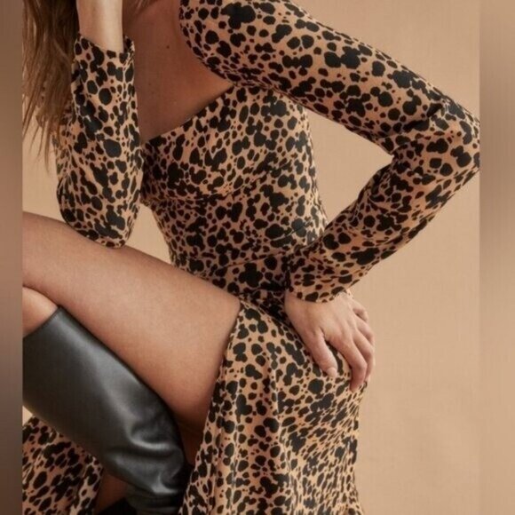 Reformation Sigmund Leopard Midi Dress Square Neck Long Sleeves Brown Size 4 - Picture 4 of 11